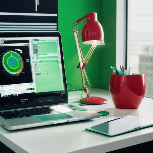 Corporate office workspace with reports and laptop, no people